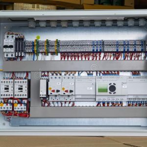 modern-electrical-control-cabinet-controller-circuit-breakers-motor-protection-switches-contactors-thermal-relays-118550931